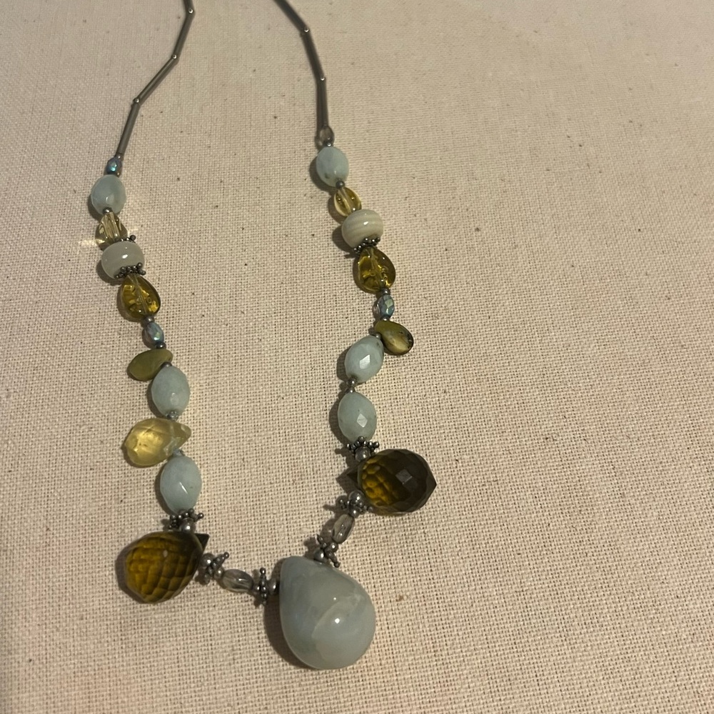 Blue and Yellow Glass Teardrop Pendant Necklace